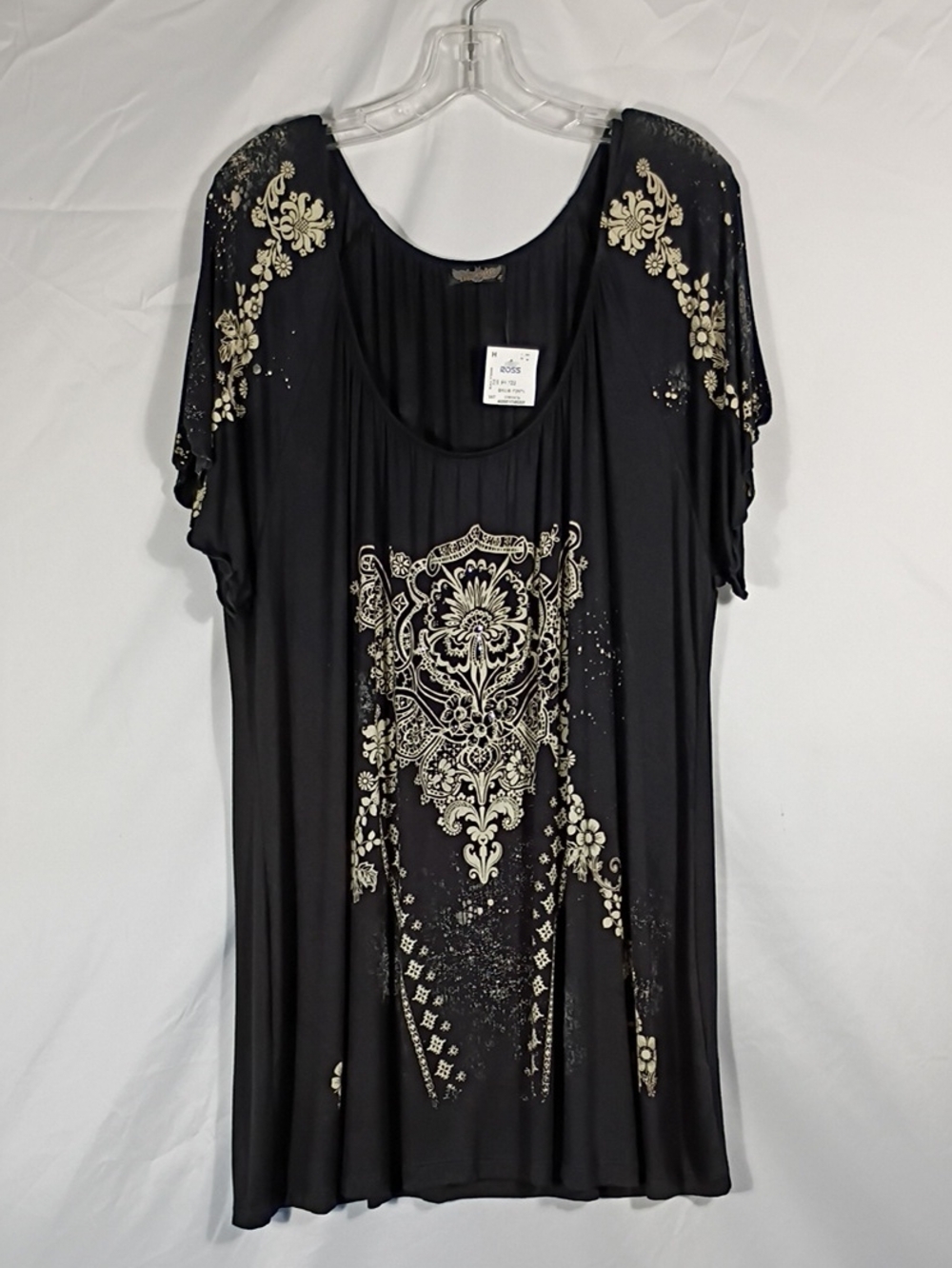 NWT Vanilla Sugar Black Short Sleeve Tunic with Cream Ornamental Print Size 1X